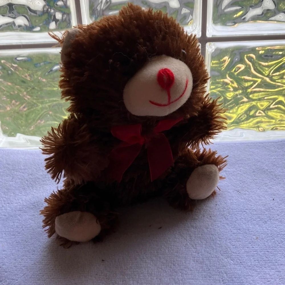 Chocolate Scented 6” Stuffed Teddy Bear w/tag-red ribbon-no real scent left